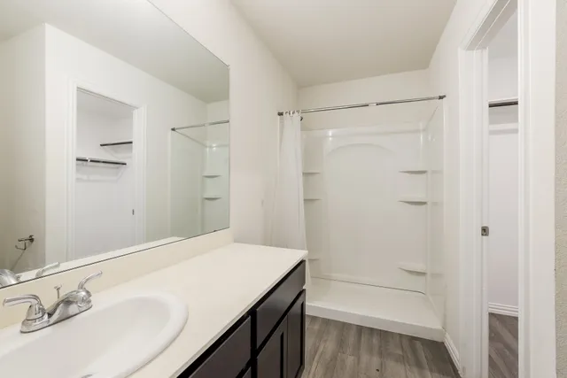 a bathroom with a bathtub shower sink vanity and a toilet