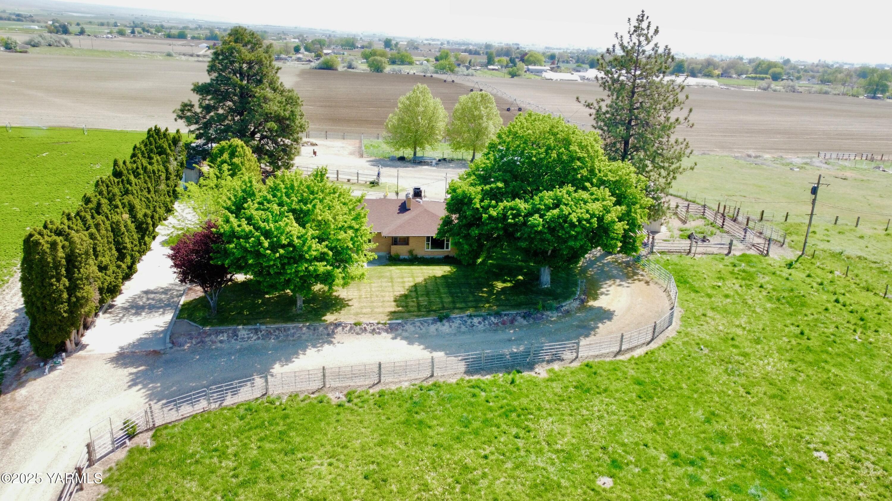 a view of a lake with a yard and potted plants