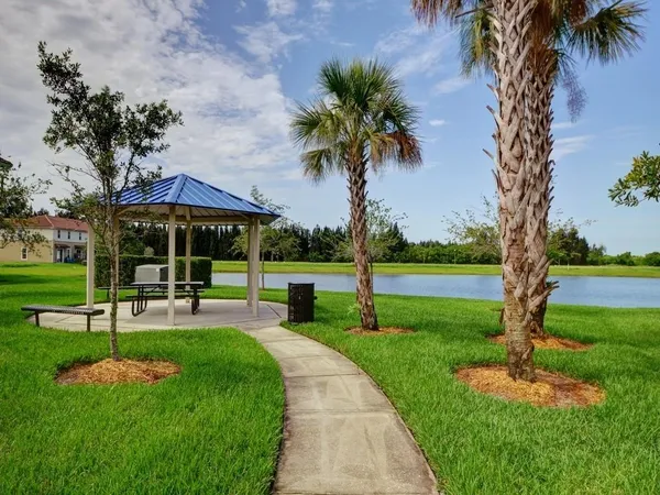 a view of a park with a slide