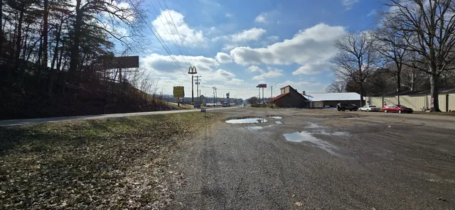 an aerial view of a residential houses with outdoor space and trees