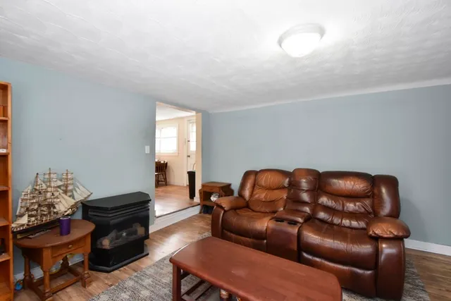 a living room with furniture a couch and a potted plant