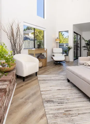 a living room with furniture and a potted plant