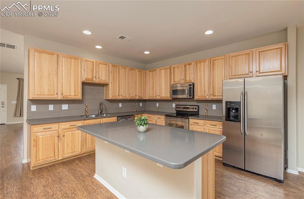 4815 Harrier Ridge Drive Colorado Springs, CO 80916 - Photo 30 of 33 Kitchen featuring light wood finish cabinetry, stainless steel appliances, a kitchen island, recessed lighting, and light wood-type flooring