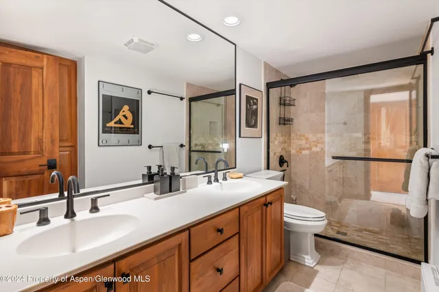 a bathroom with a double vanity sink a toilet a mirror and shower