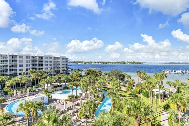 a view of a lake with a city