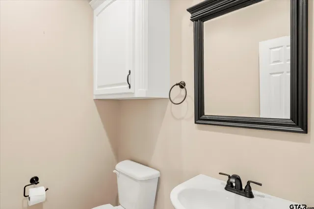 a bathroom with a toilet a sink and mirror