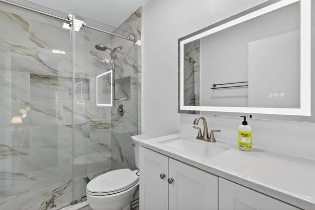 a bathroom with a sink a toilet a shower and a mirror