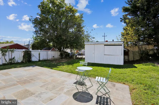 a view of a backyard with large trees