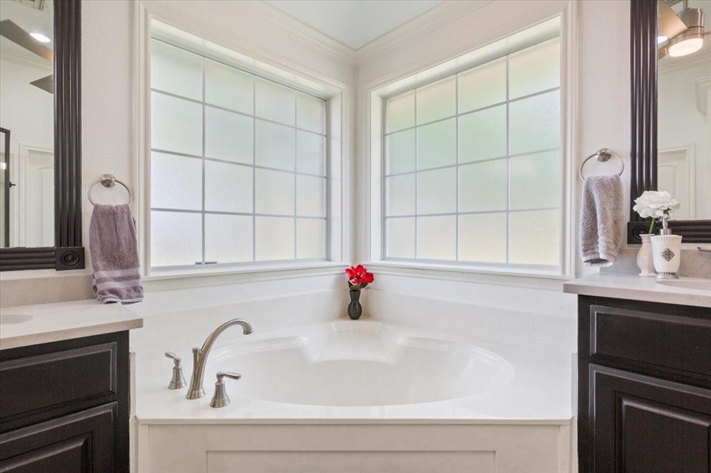 203 Silver Spur Trail Waco, TX 76657 - Photo 20 of 39 Bathroom with two vanities, healthy amount of natural light, a garden tub, and ornamental molding