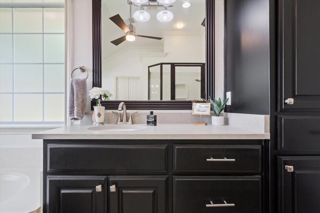 203 Silver Spur Trail Waco, TX 76657 - Photo 21 of 39 Full bathroom featuring vanity, ornamental molding, and ceiling fan