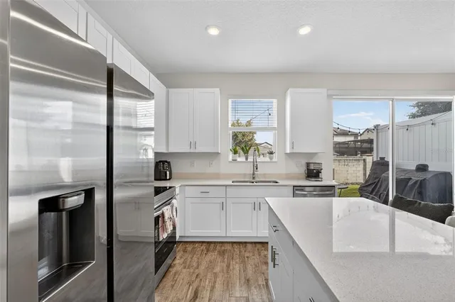 a view of a dining room with furniture