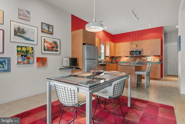 a view of a dining room with furniture