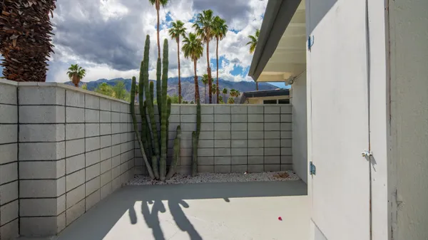 a view of a garden with a slide