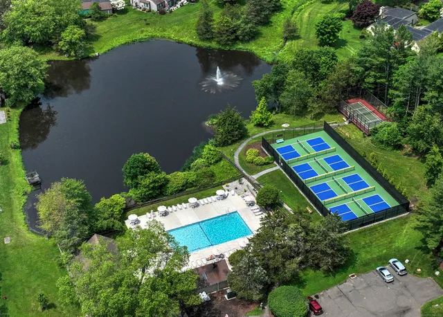 an aerial view of a golf course with plants