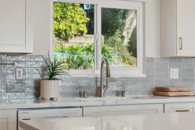 a kitchen with a window a sink and potted plant