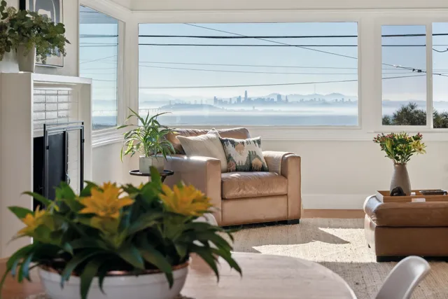 a living room with furniture and a potted plant