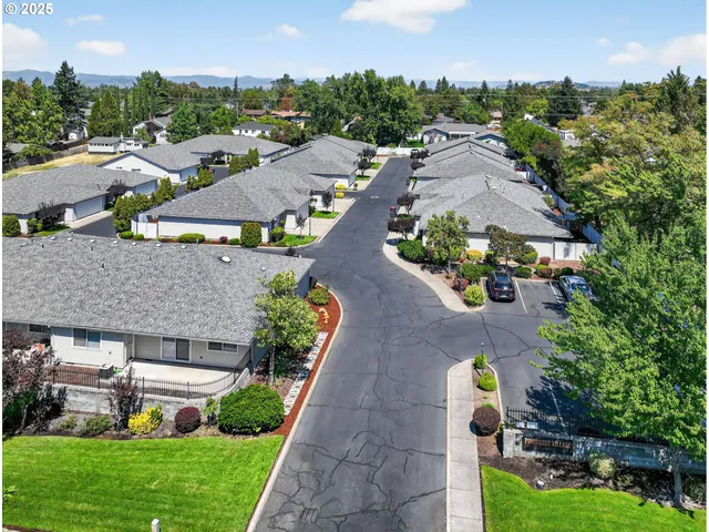 an aerial view of a house with a garden