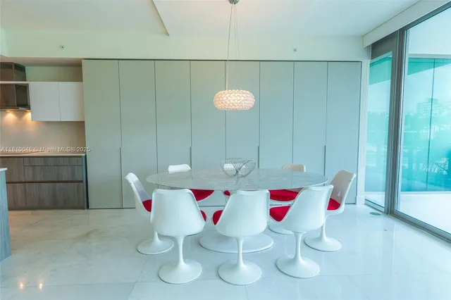 a table with chairs and white walls