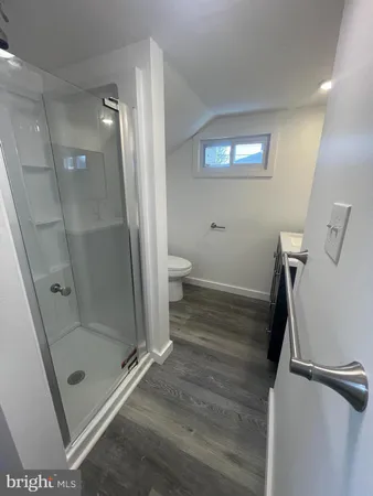 a bathroom with a shower and a toilet