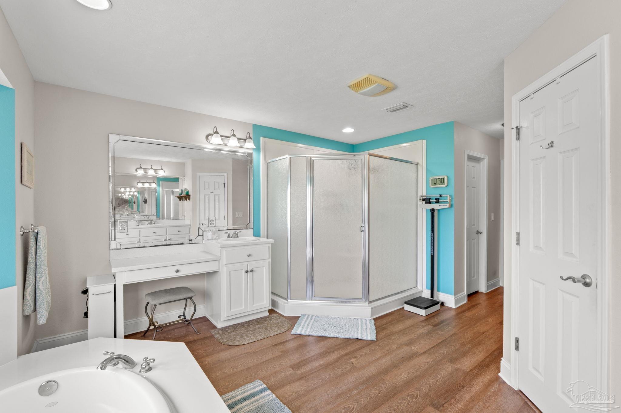 4381 Molino Road Molino, FL 32577 - Photo 33 of 72 a spacious bathroom with a sink a mirror and a shower