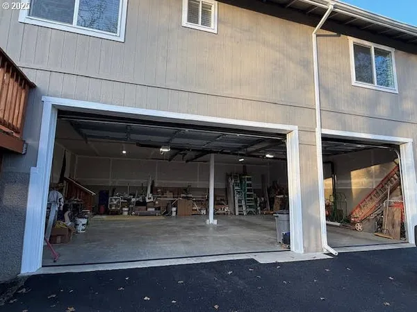 a view of a garage with storage