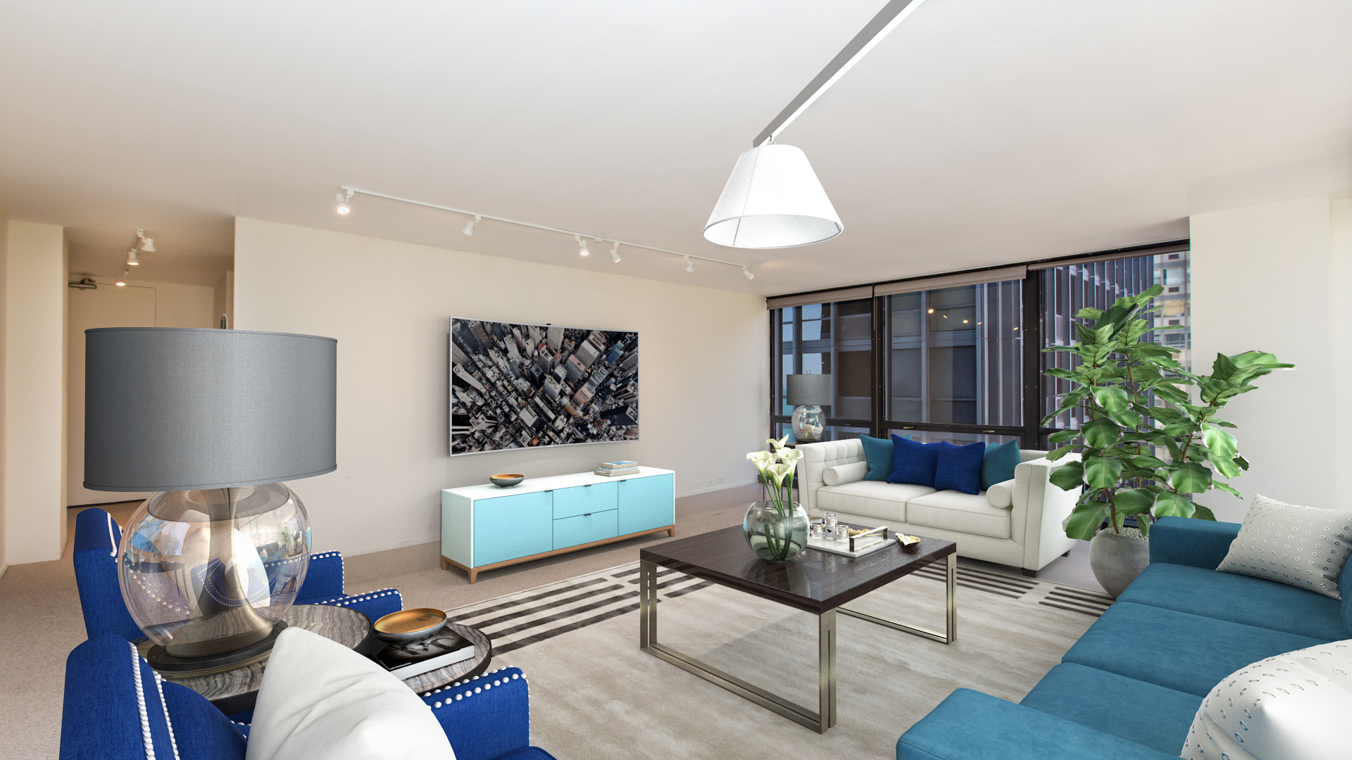 Undisclosed Address Chicago, IL 60611 - Photo 3 of 18 a living room with furniture a lamp and a flat screen tv