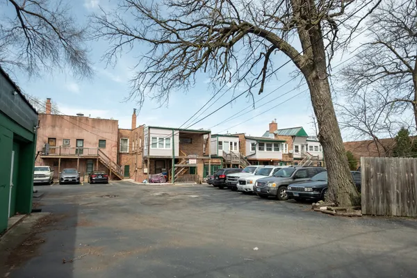 a front view of building with yard