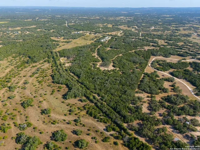 an aerial view of residential houses with outdoor space and trees