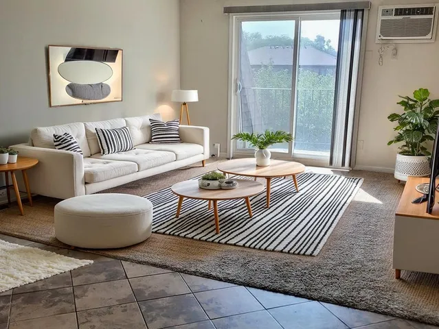 a living room with furniture and a potted plant