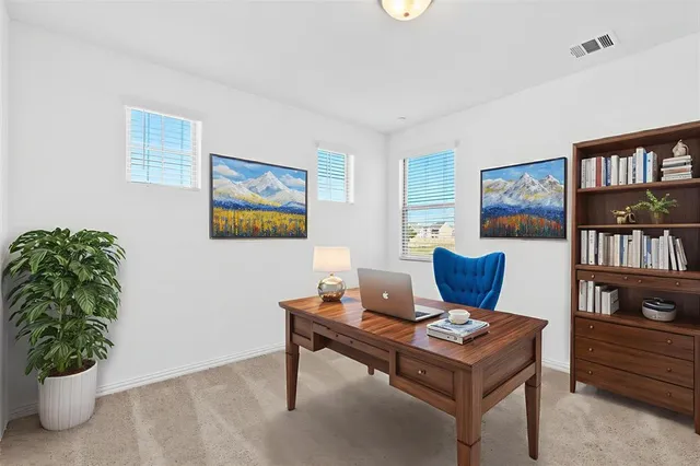 a living room with furniture a bookshelf and a potted plant