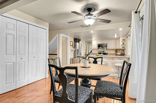 a view of a dining room with furniture