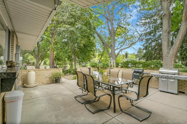 a view of a patio with table and chairs and potted plants