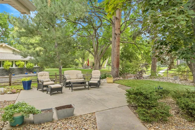 a backyard of a house with table and chairs