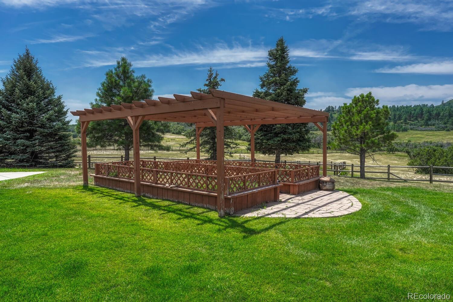 3851 Castle Butte Drive Castle Rock, CO 80109 - Photo 44 of 50 a view of a backyard with wooden fence and a bench