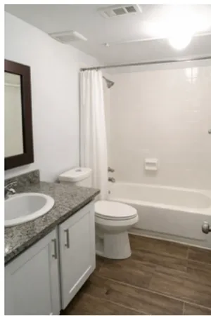 a bathroom with a granite countertop bathtub sink vanity mirror and toilet