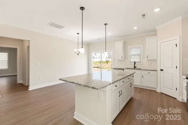 a kitchen with stainless steel appliances granite countertop a sink a center island a stove and a wooden floor