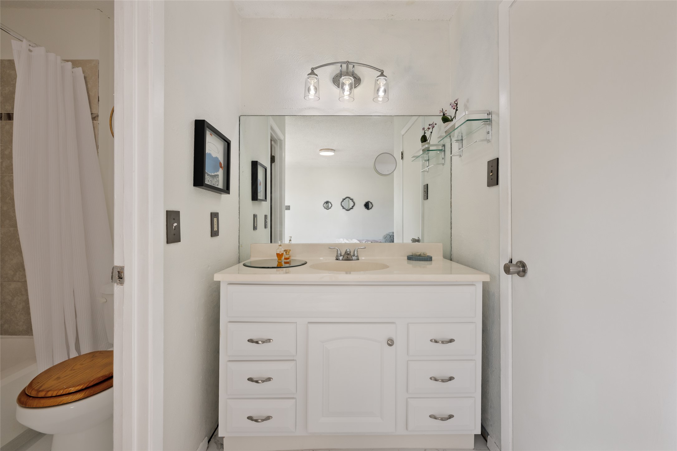 5100 Lambs Lane Austin, TX 78744 - Photo 25 of 31 Primary full bath featuring vanity and shower / bath combo with shower curtain.
