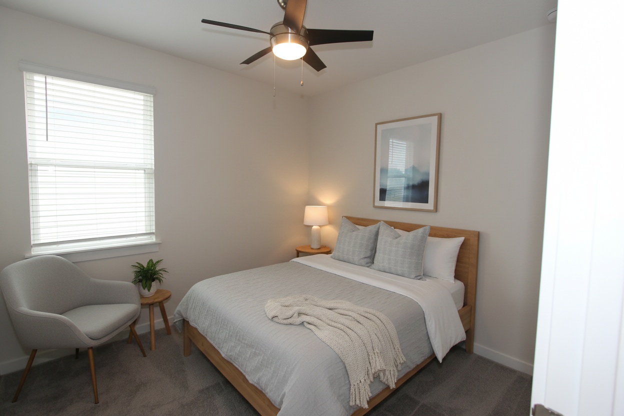 100 Century Plant Road Leander, TX 78641 - Photo 17 of 36 A comfortable bedroom with a ceiling fan, soft carpeting, and a sun-filled window.