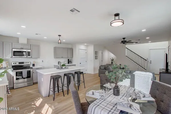 a view of a dining room with furniture