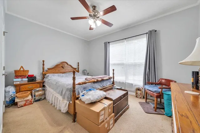 an empty room with windows and ceiling fan