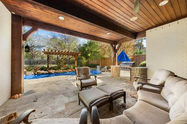 a building outdoor space with patio furniture