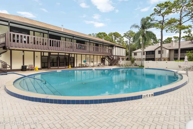 a view of a swimming pool with a garden and plants