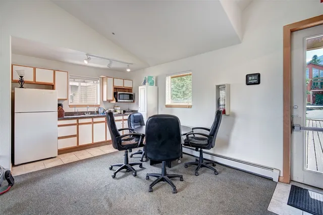 a swimming pool with seating area