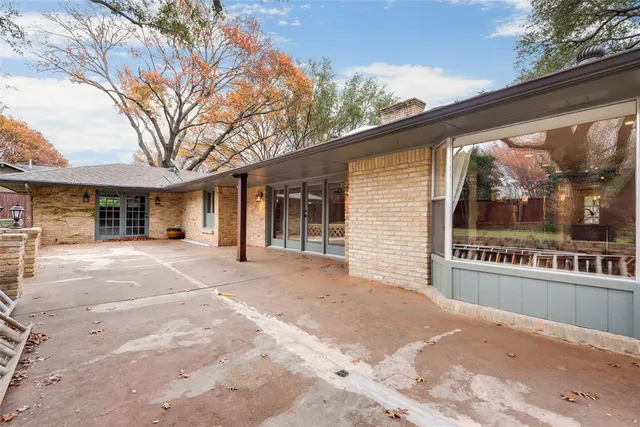 a backyard of a house with plants and large tree