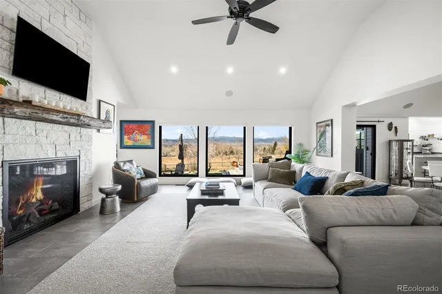 a living room with furniture a flat screen tv and a fireplace