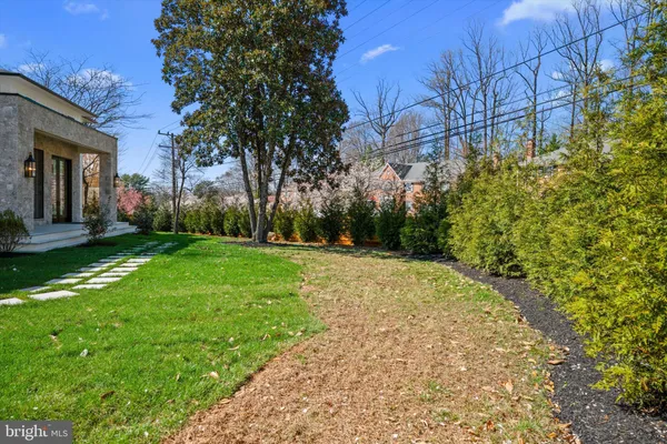 a view of a backyard with wooden fence and large trees