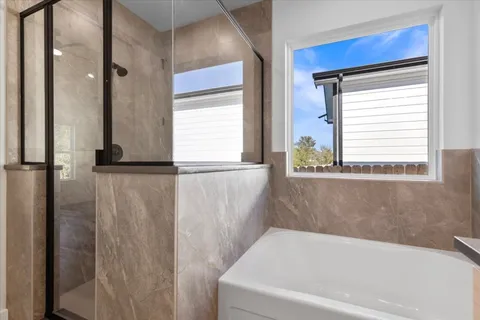 a bathroom with a bathtub and a shower