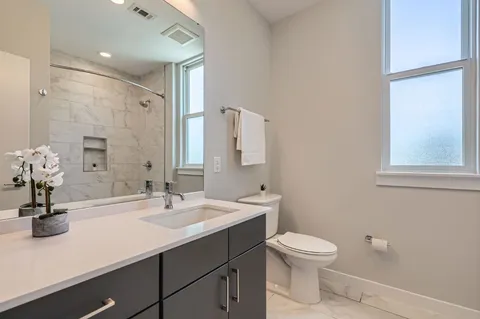 a bathroom with a sink a toilet and a mirror