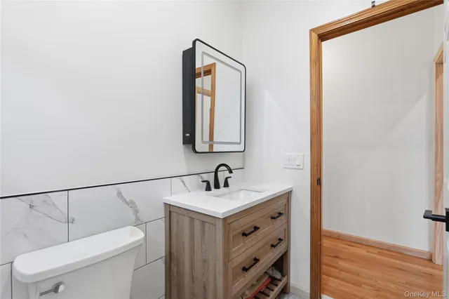 a bathroom with a toilet sink and mirror