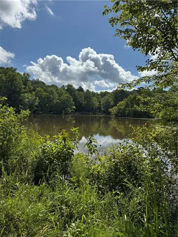 wooden view of a lake with houses in the back